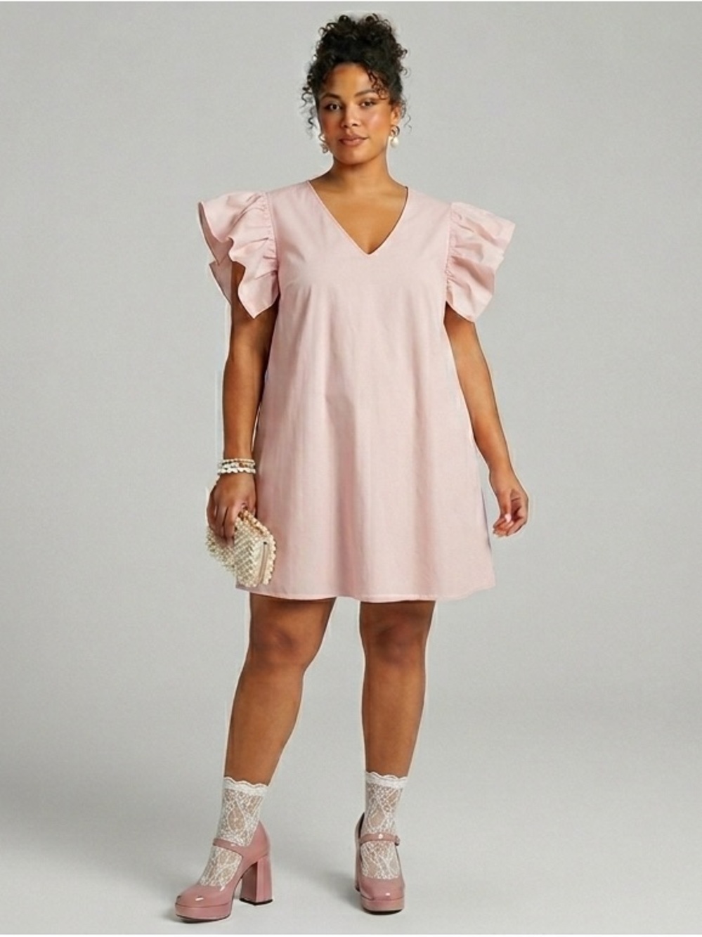 Eloquii Pale Pink V-Neck Ruffle Sleeve Mini Dress